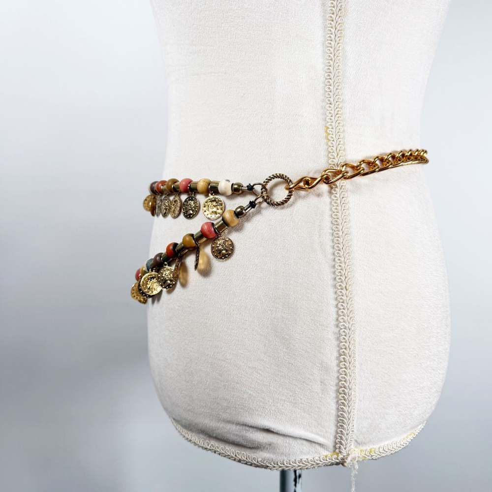 Boho Statement Layered Double Strand Waist Belt Coins Wood beads Hippie Gypsy OS - Picture 5 of 10